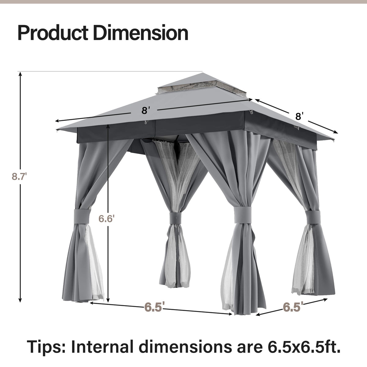 8'x8' Heavy Duty Patio Gazebo with Double Roofs, Mosquito Nettings and Privacy Screens G274091