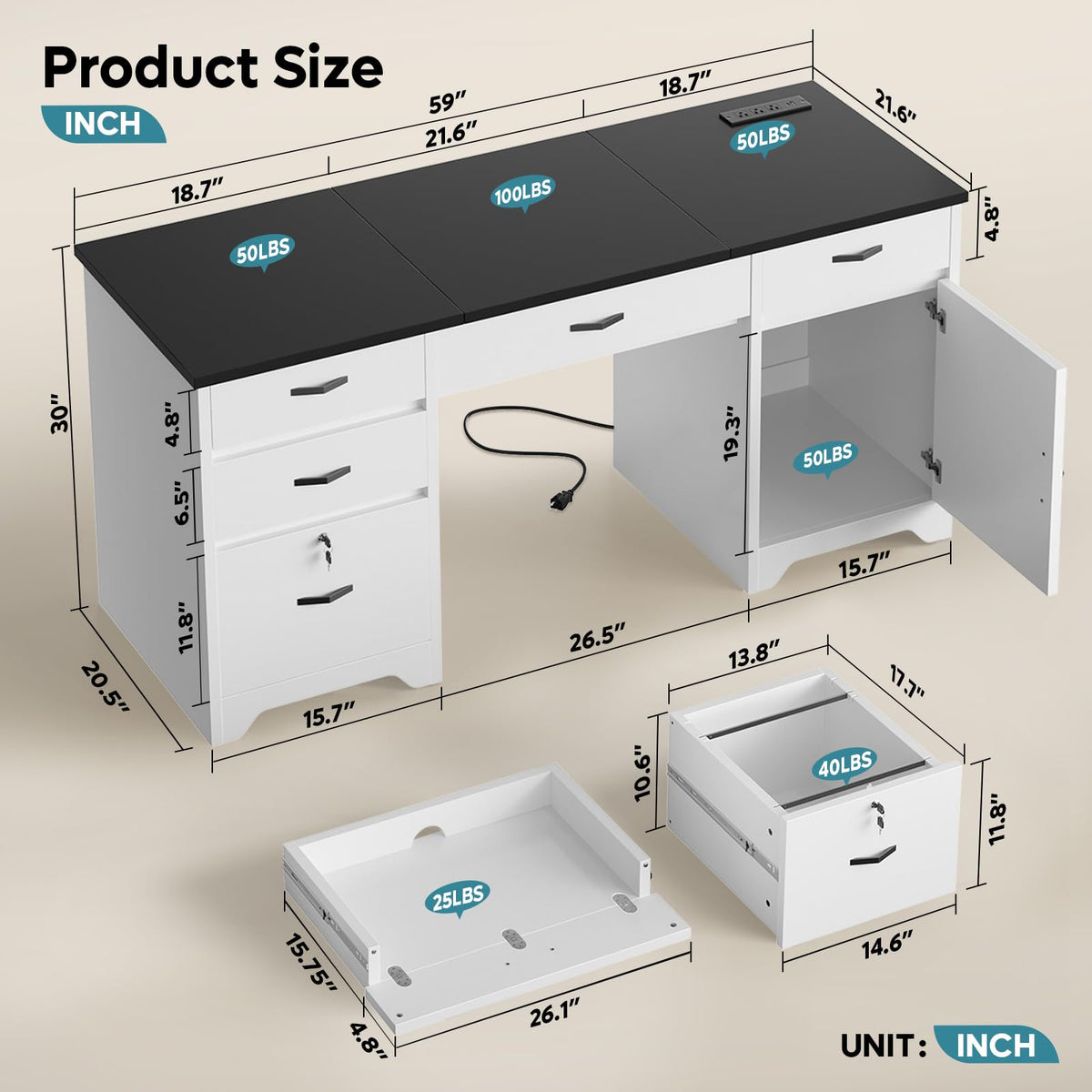 White Office Desk with Lockable Drawers and Charging Station X550920