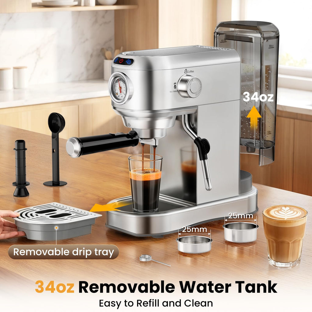 20 Bar Compact Stainless Steel Espresso Machine with Milk Frother Y547527