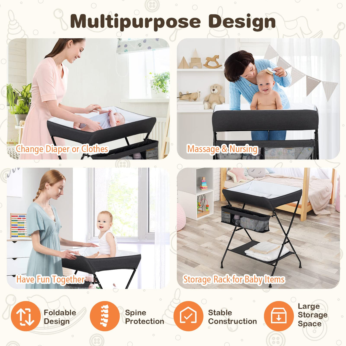 Portable Baby Changing Table with Safety Belt Black L8378