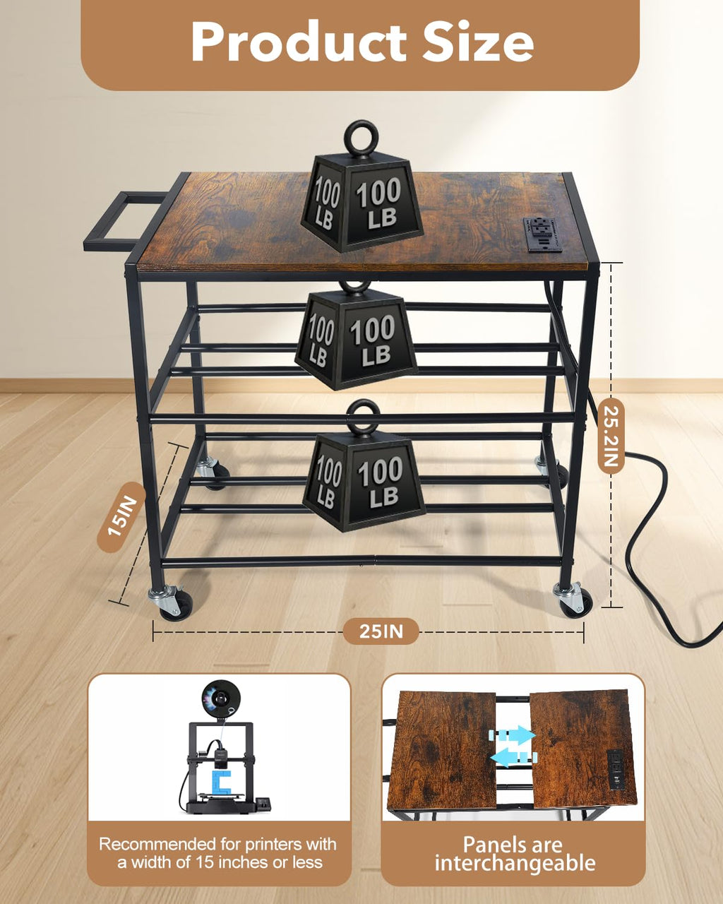 Heavy Duty Rolling 3D Printer Stand with Filament Storage V59817