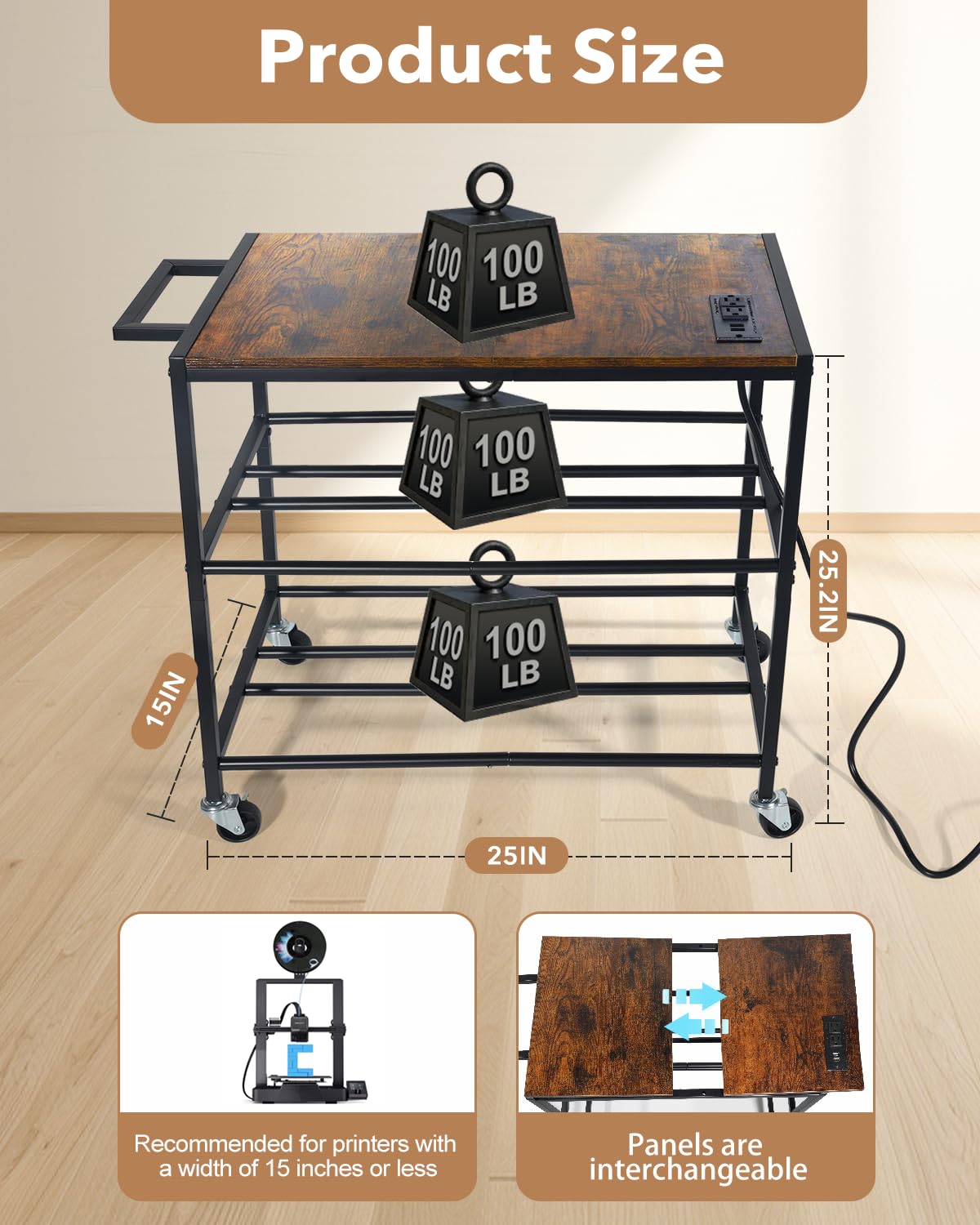 Heavy Duty Rolling 3D Printer Stand with Filament Storage V59817