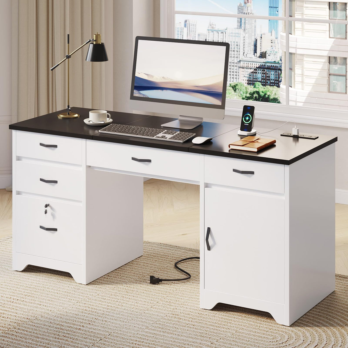 White Office Desk with Lockable Drawers and Charging Station X550920