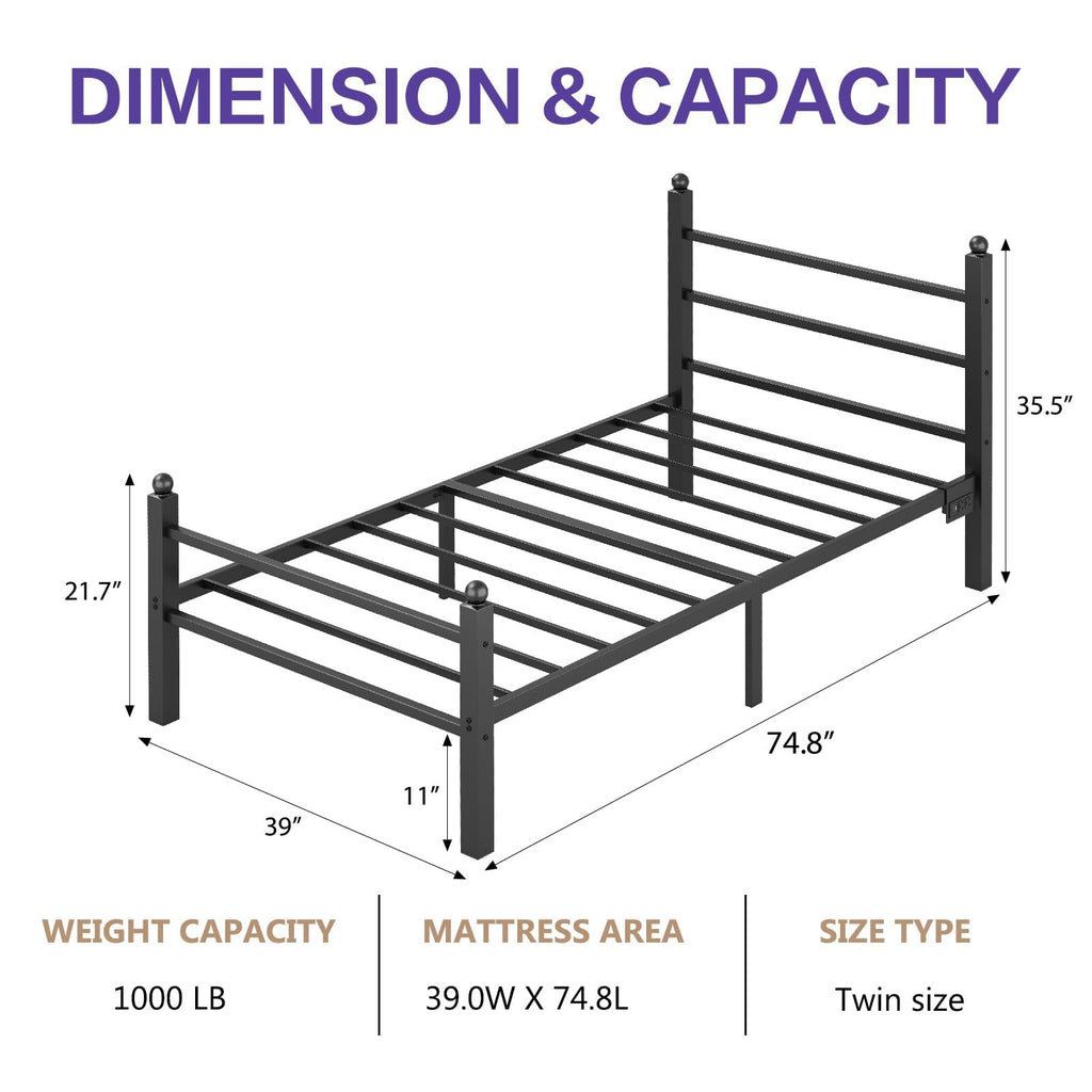 Black Twin Bed Frame with LED Lights and Charging Station J9344