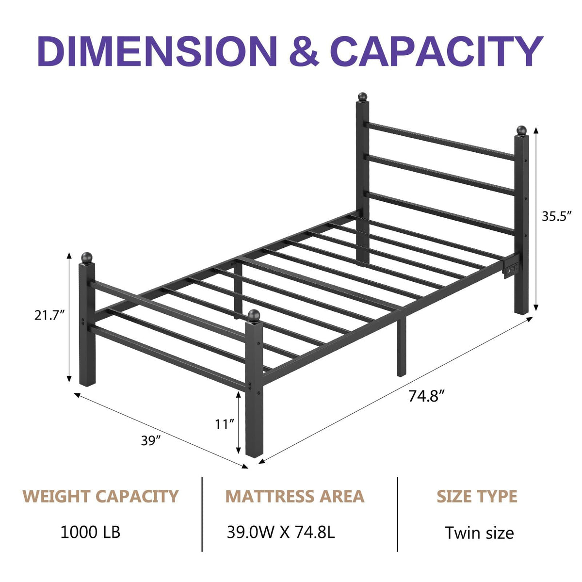 Black Twin Bed Frame with LED Lights and Charging Station J9344