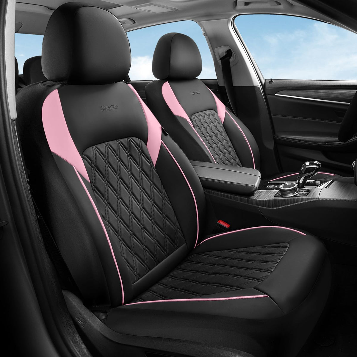 Black Pink Faux Leather Car Seat Covers Full Set N22137