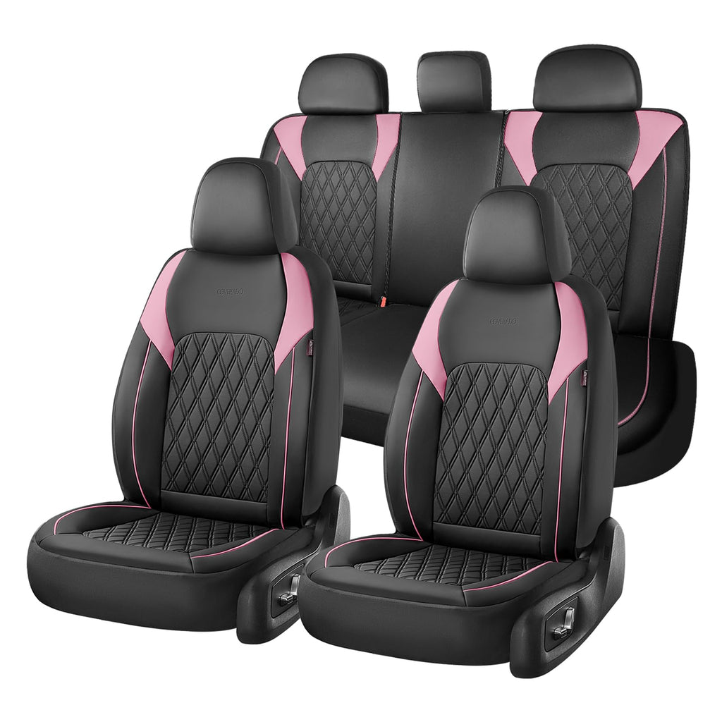 Black Pink Faux Leather Car Seat Covers Full Set N22137