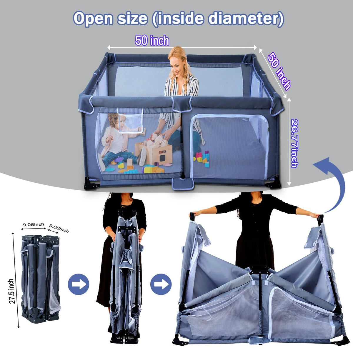 Foldable Baby Playpen with Mat and Storage Bags O8683