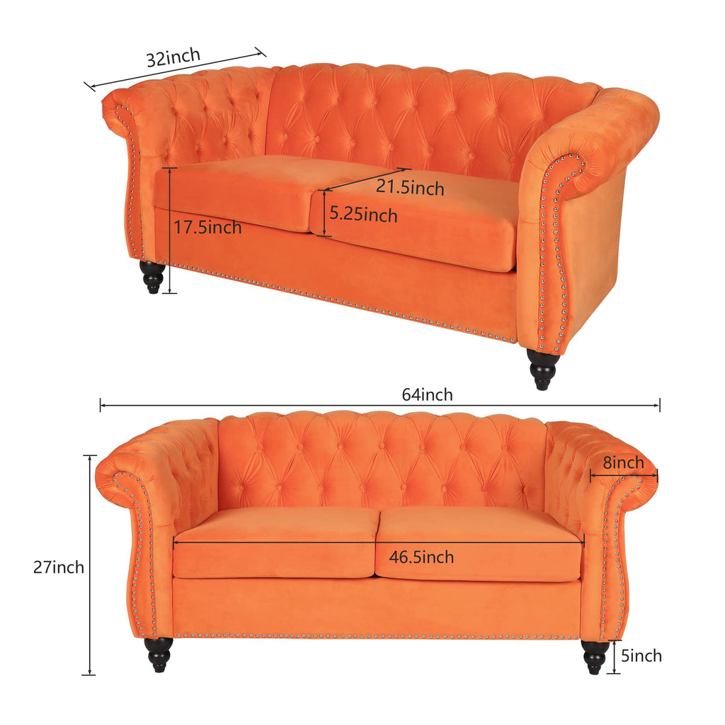 Orange Velvet Chesterfield Sofa Loveseat and Chair E3784
