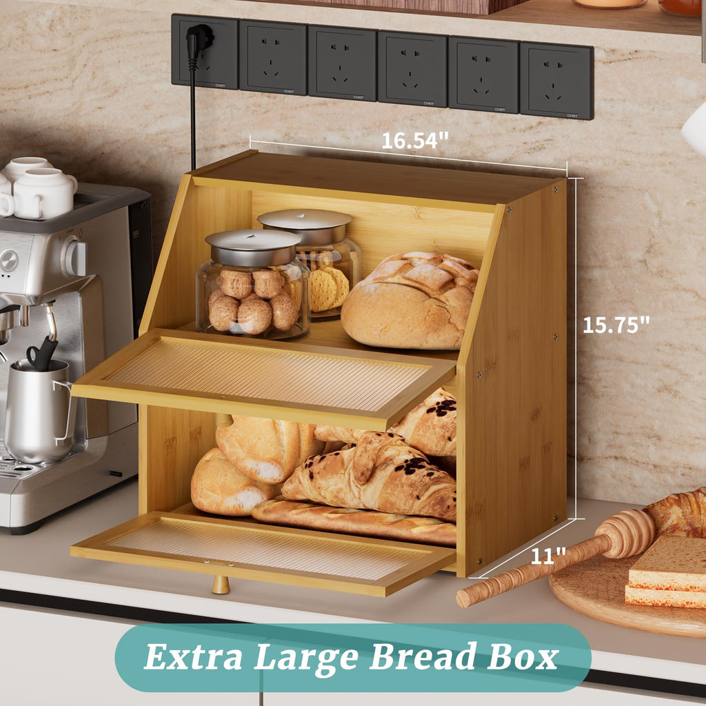Extra Large Bamboo Wood Double Layer Bread Box G757296