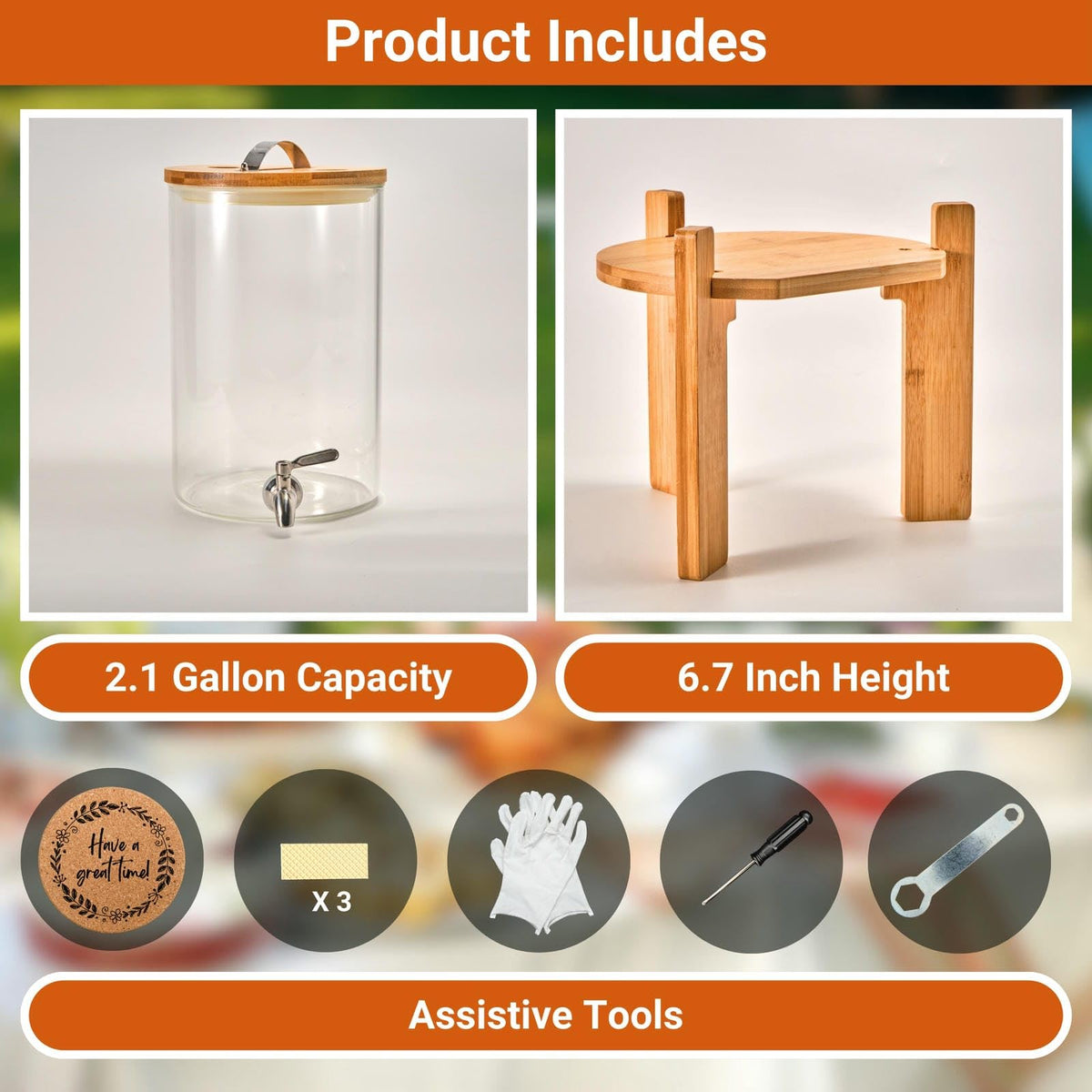 2.1 Gallon Glass Beverage Dispenser with Bamboo Stand and Spigot L9816