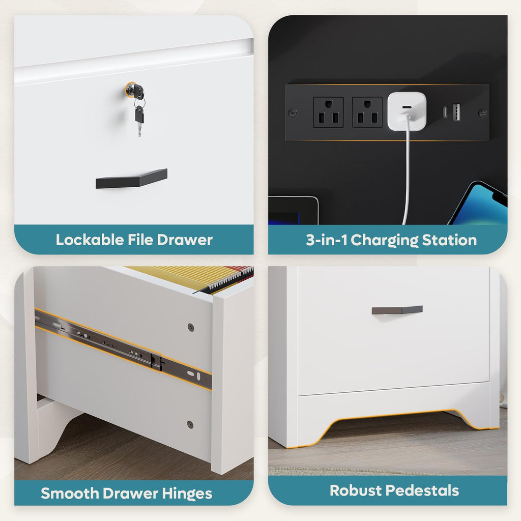 White Office Desk with Lockable Drawers and Charging Station X550920