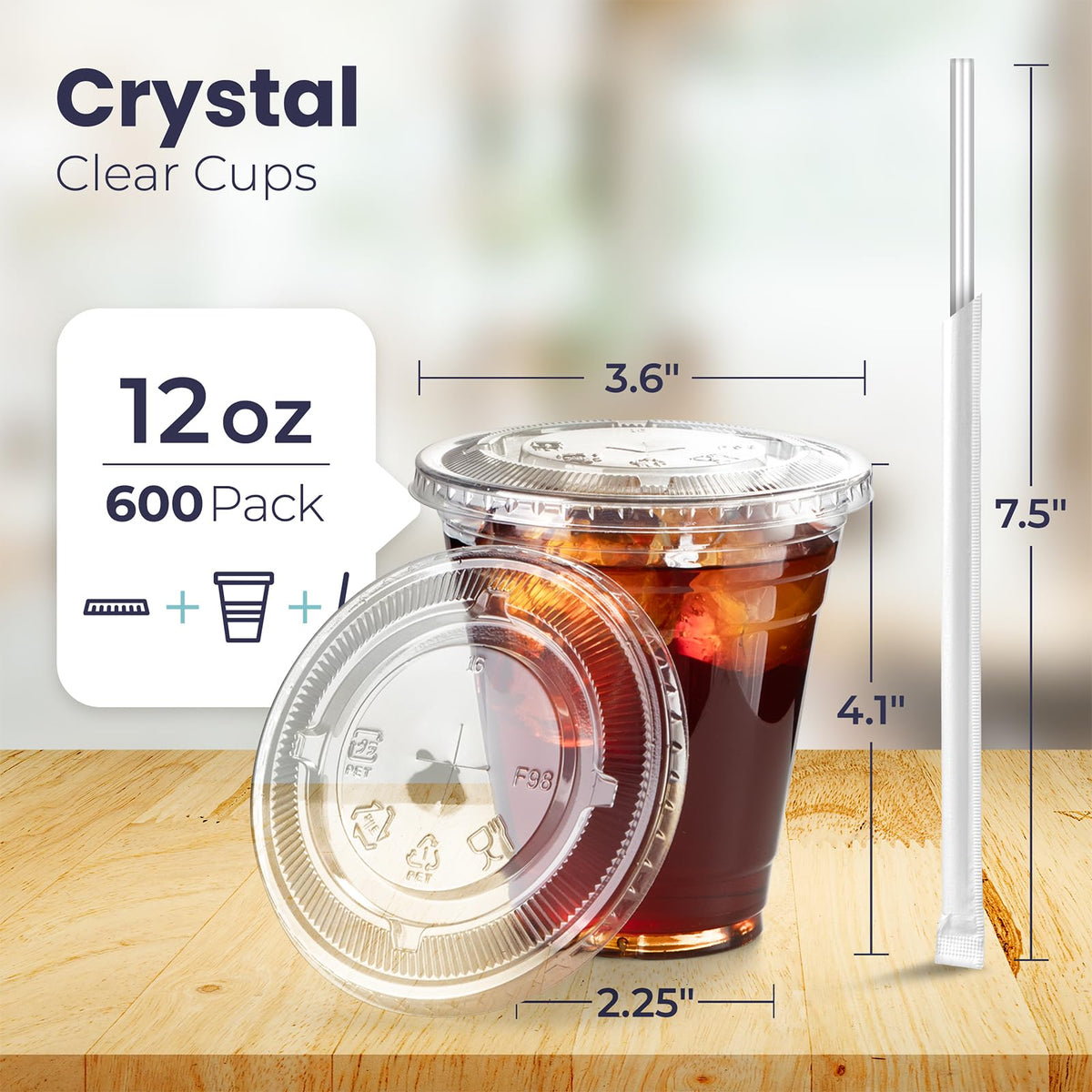 12 oz Clear Plastic Cups with Lids and Straws N49402