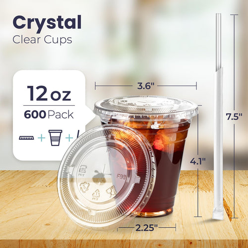 12 oz Clear Plastic Cups with Lids and Straws N49402