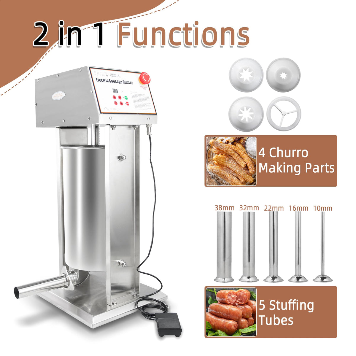 30LB Stainless Steel Electric Sausage Stuffer with 5 Stuffing Tubes D657720