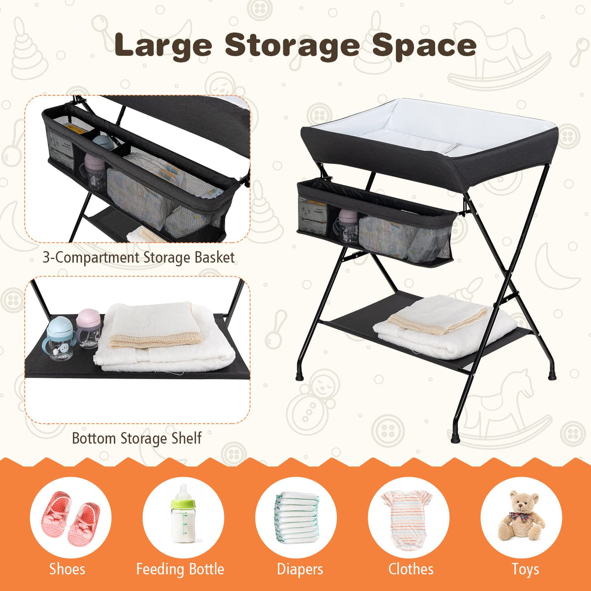 Portable Baby Changing Table with Safety Belt Black L8378