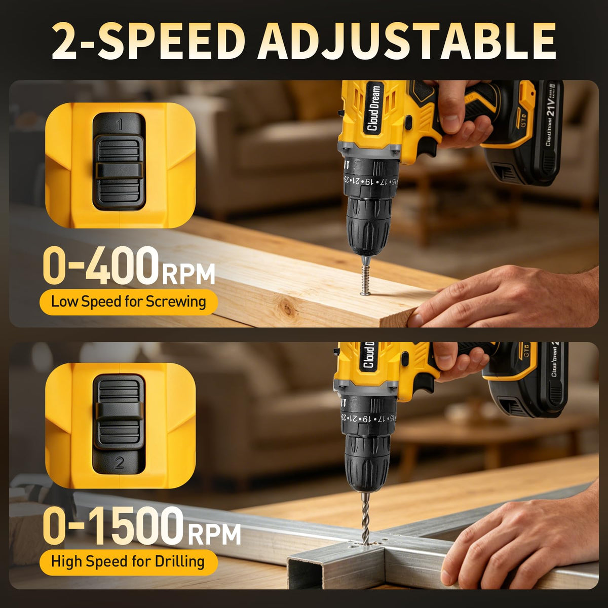 21V Cordless Drill Set with 2 Batteries and Charger D971