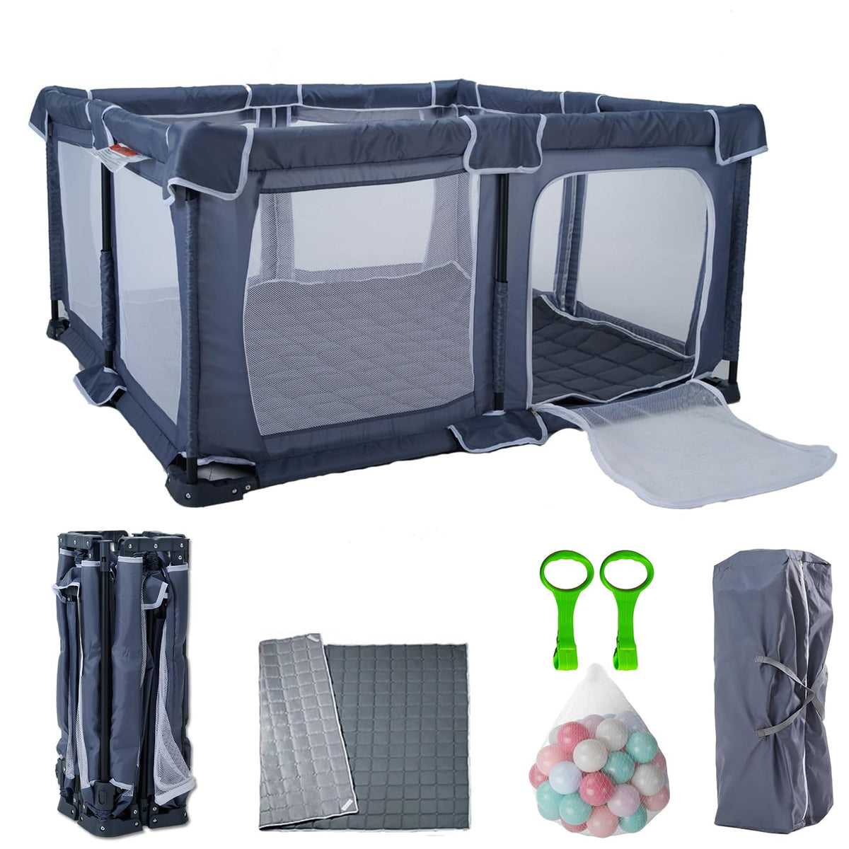 Foldable Baby Playpen with Mat and Storage Bags O8683