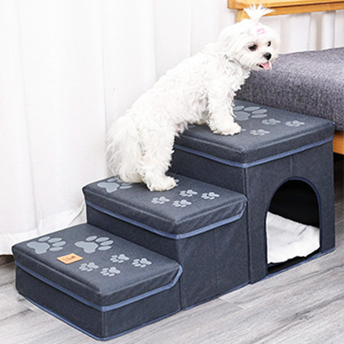Folding Pet Ramp with Storage, Non Slip Dog Stairs, Grey D50073