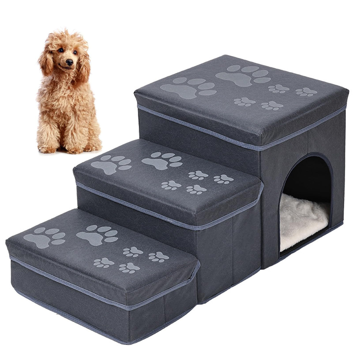 Folding Pet Ramp with Storage, Non Slip Dog Stairs, Grey D50073