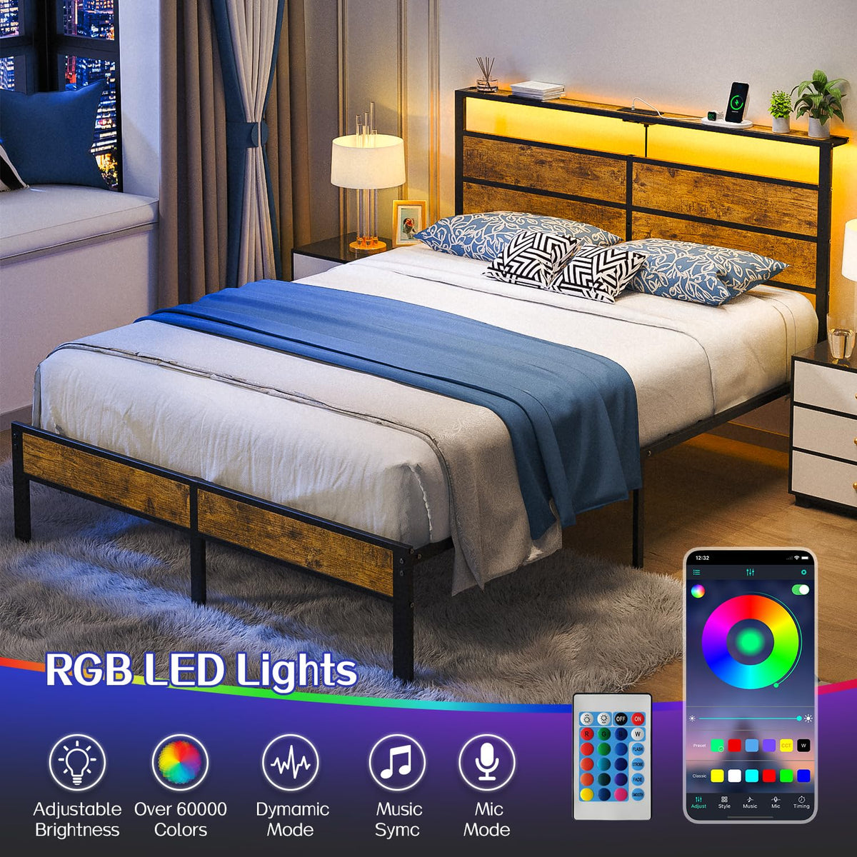 Full Size Platform Bed Frame with Charging Station Headboard and LED Lights M5716