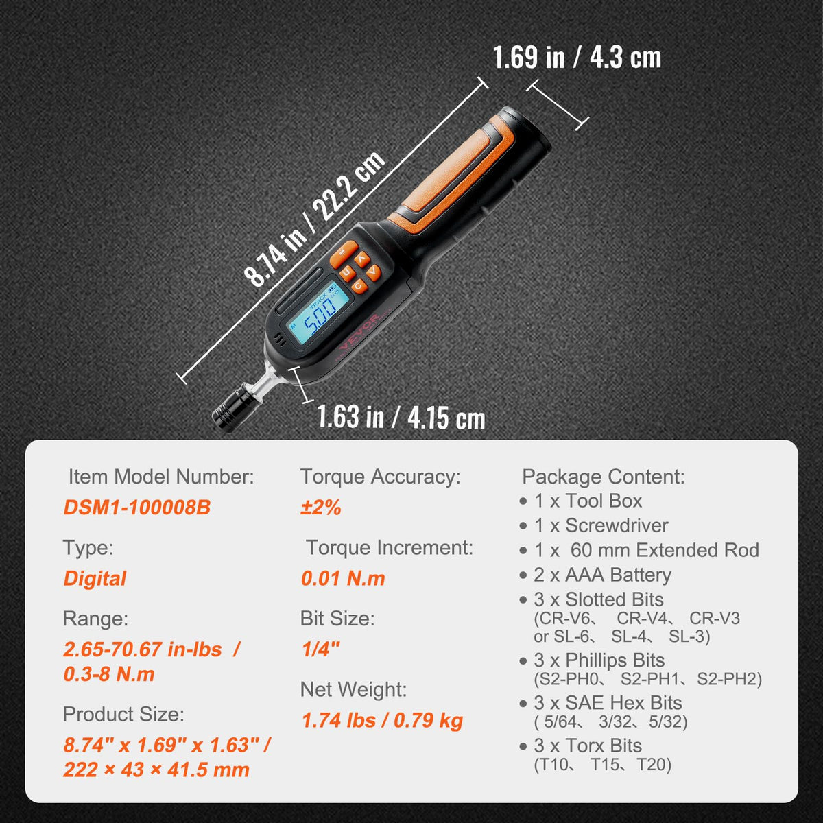 1/4" Drive Digital Torque Screwdriver with LCD, Bits & Case A790732
