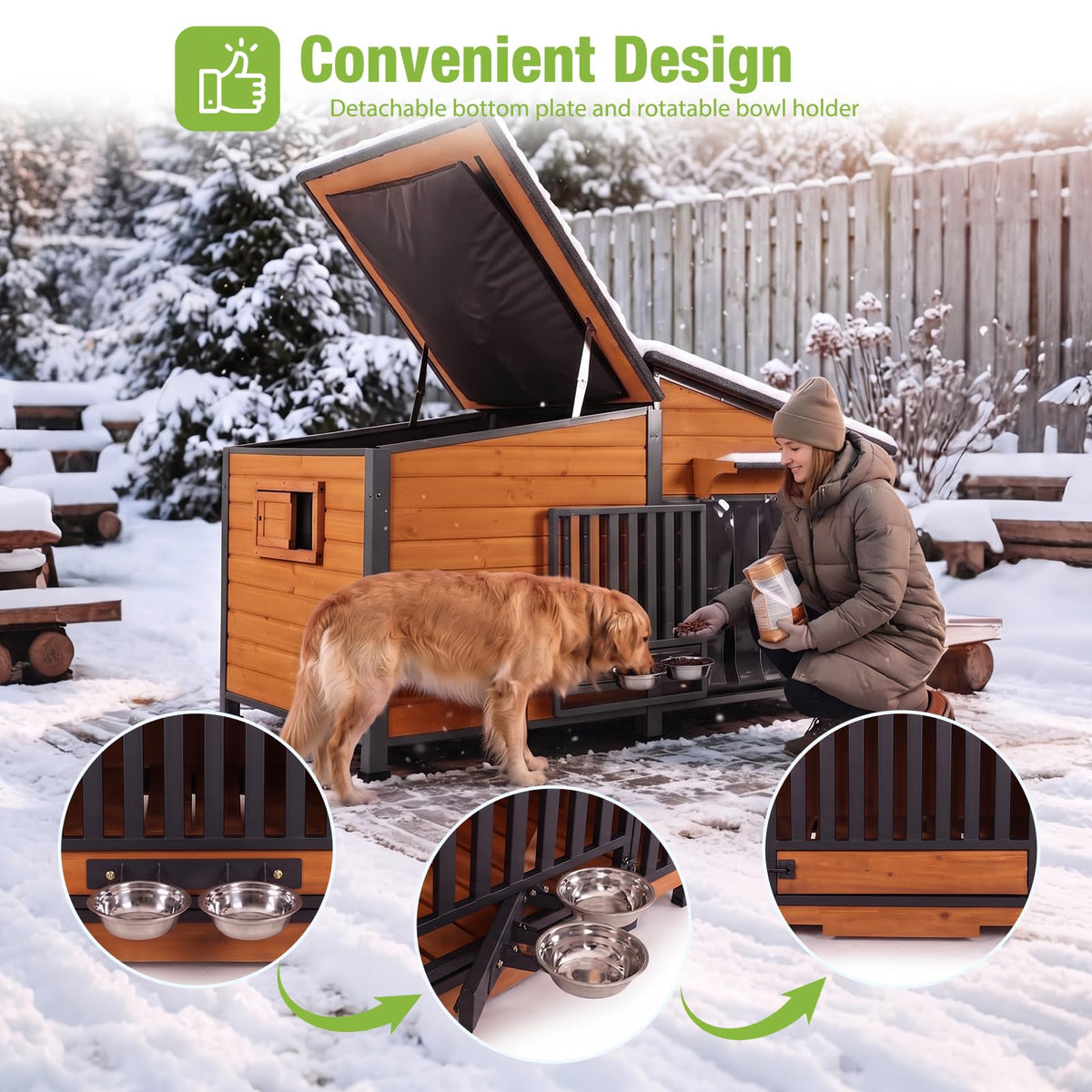 60" Heated Dog House with Heated Pad and Rotating Food Bowl Y4955