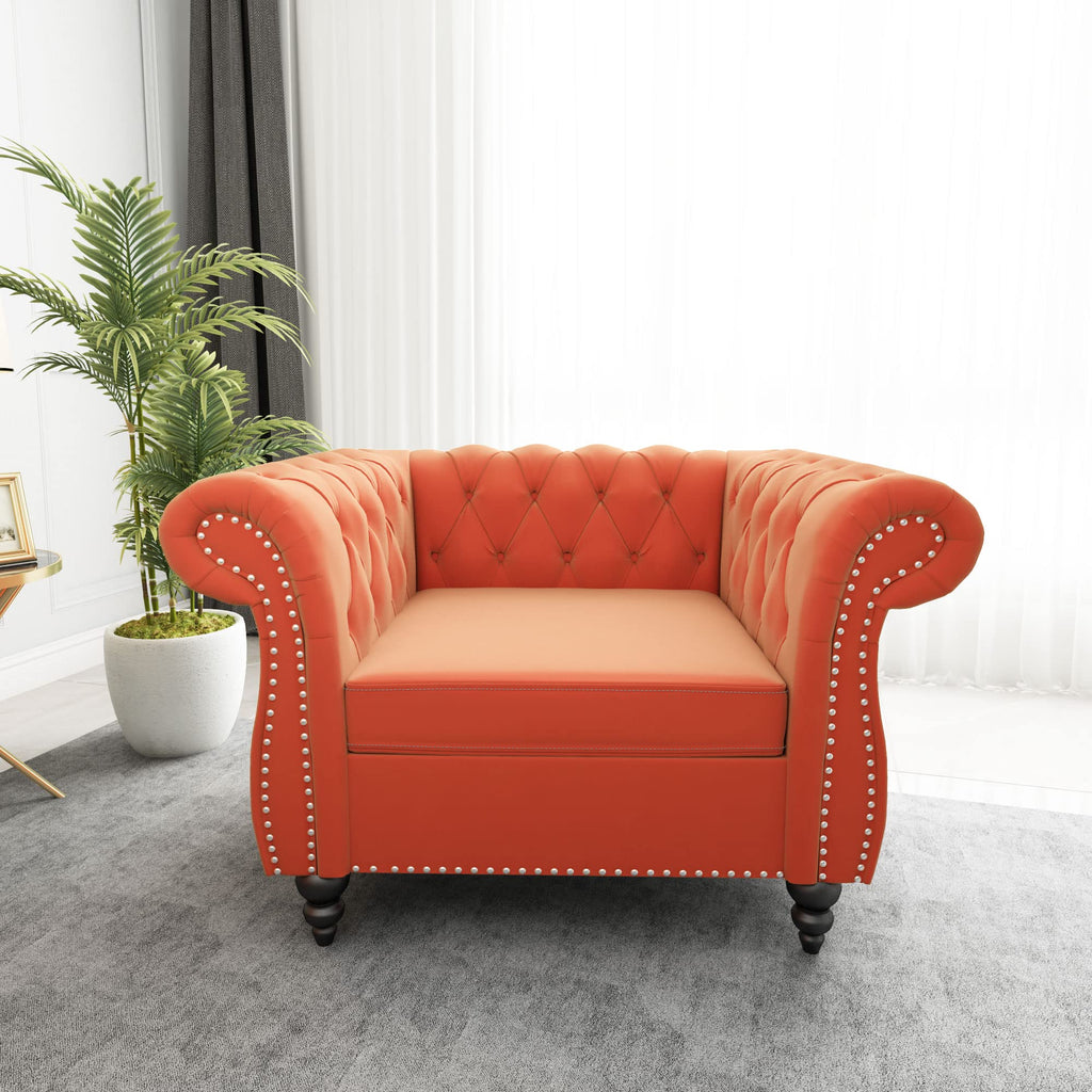 Orange Velvet Chesterfield Sofa Loveseat and Chair E3784