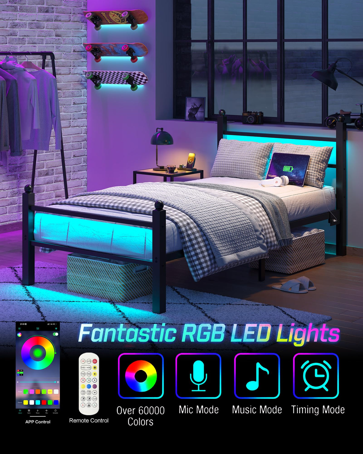 Black Twin Bed Frame with LED Lights and Charging Station J9344
