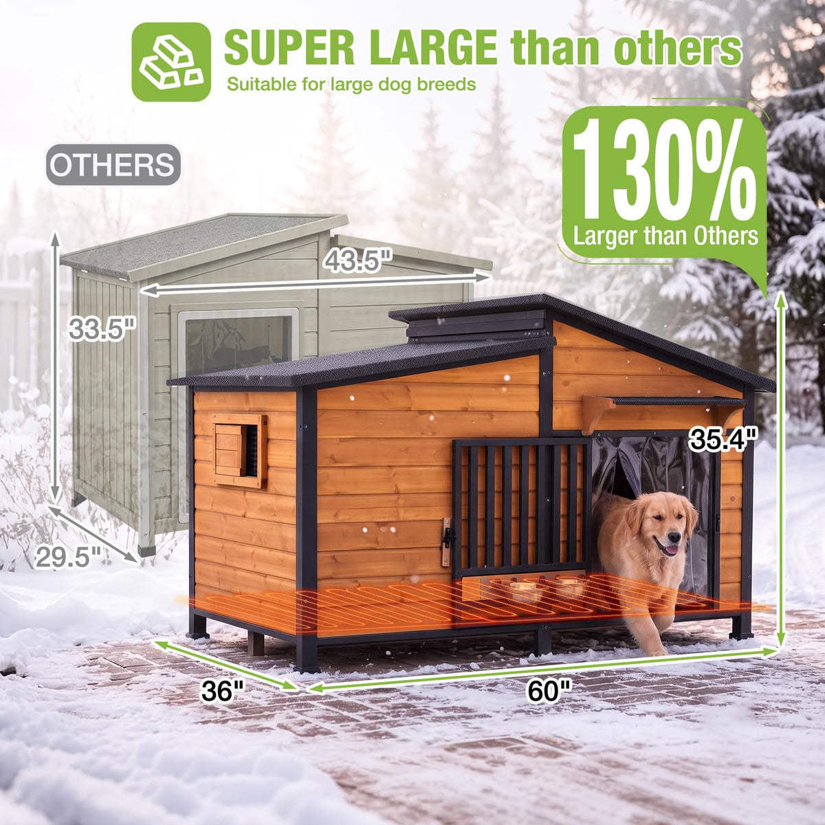 60" Heated Dog House with Heated Pad and Rotating Food Bowl Y4955