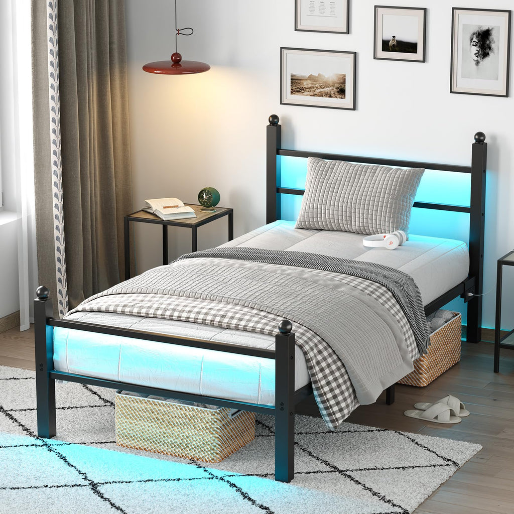 Black Twin Bed Frame with LED Lights and Charging Station J9344