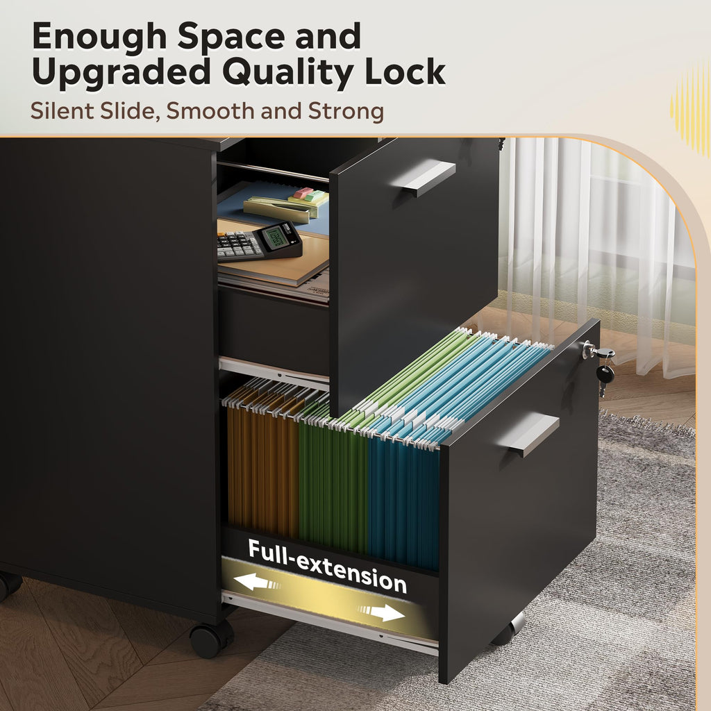 2 Drawer Wood File Cabinet with Lock, Black O894