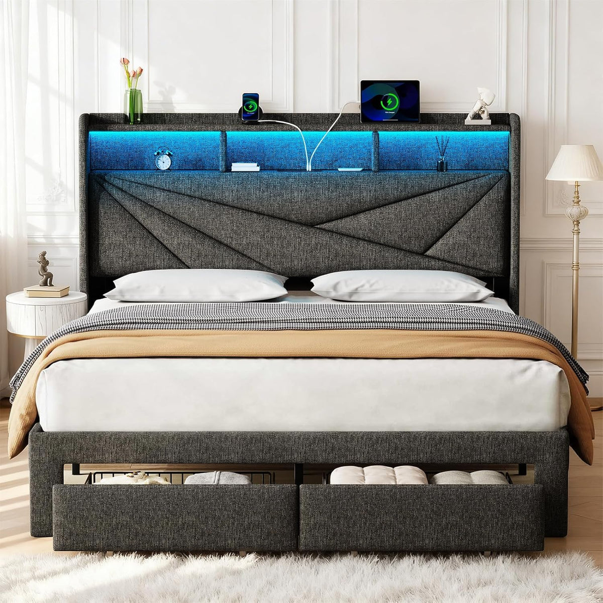 Queen Bed Frame with 2 Storage Drawers and Upholstered Headboard B90989