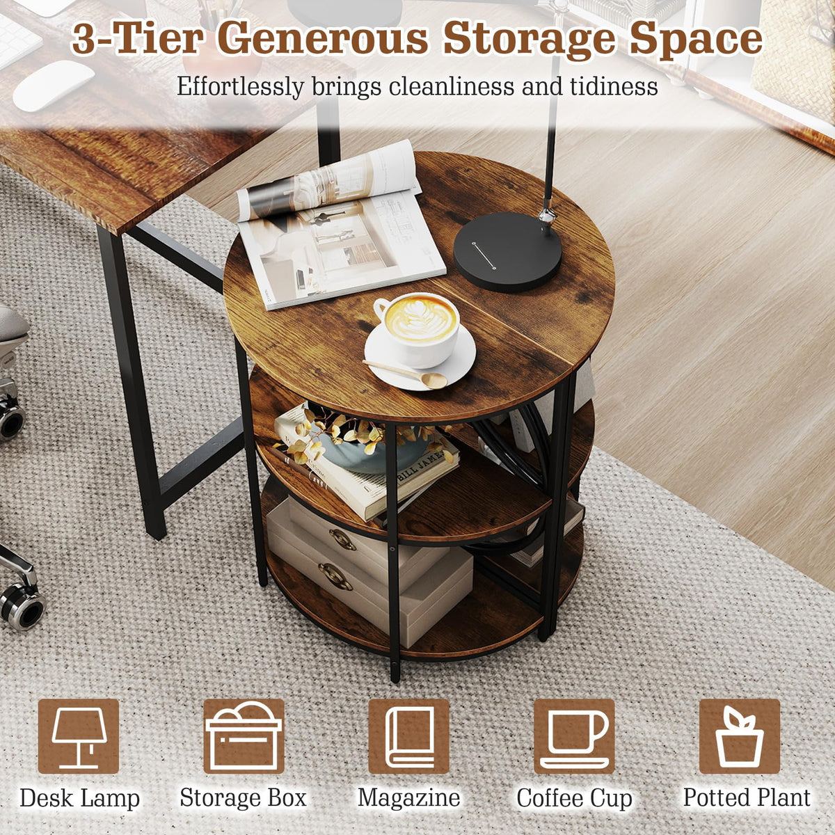 Half Round 3-Tier Sofa Side Table with Storage Shelves N975259