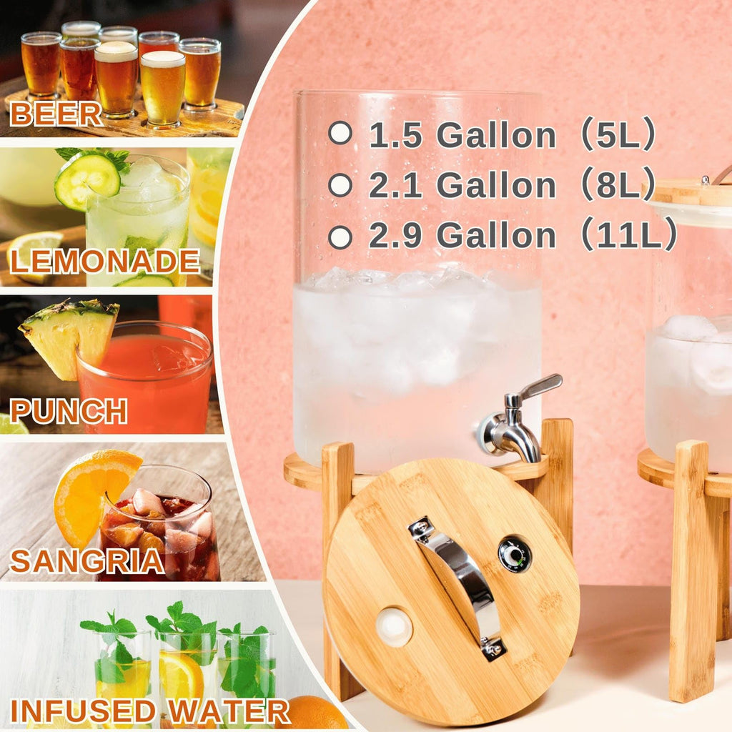 2.1 Gallon Glass Beverage Dispenser with Bamboo Stand and Spigot L9816