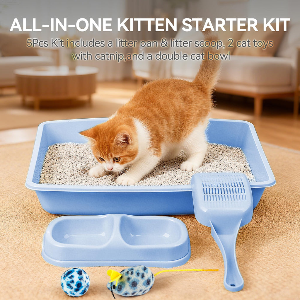 Cat Litter Box Set with Litter Scoop, Double Dish Cat Bowl, Mouse and Ball Toy M100660