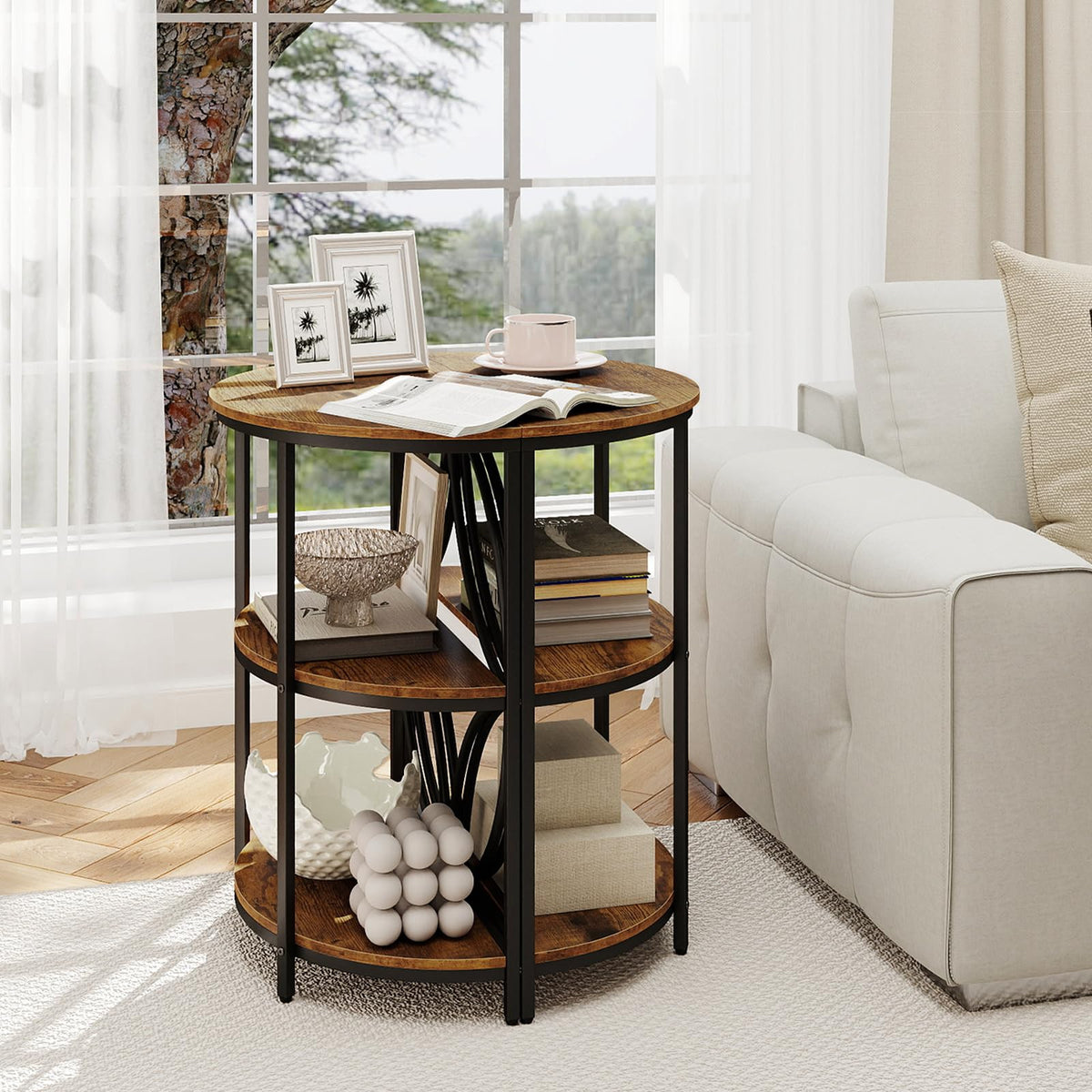 Half Round 3-Tier Sofa Side Table with Storage Shelves N975259