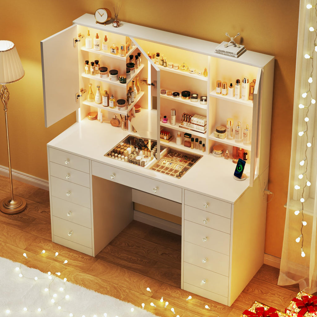 White Vanity Desk with Mirror and Lights K24252