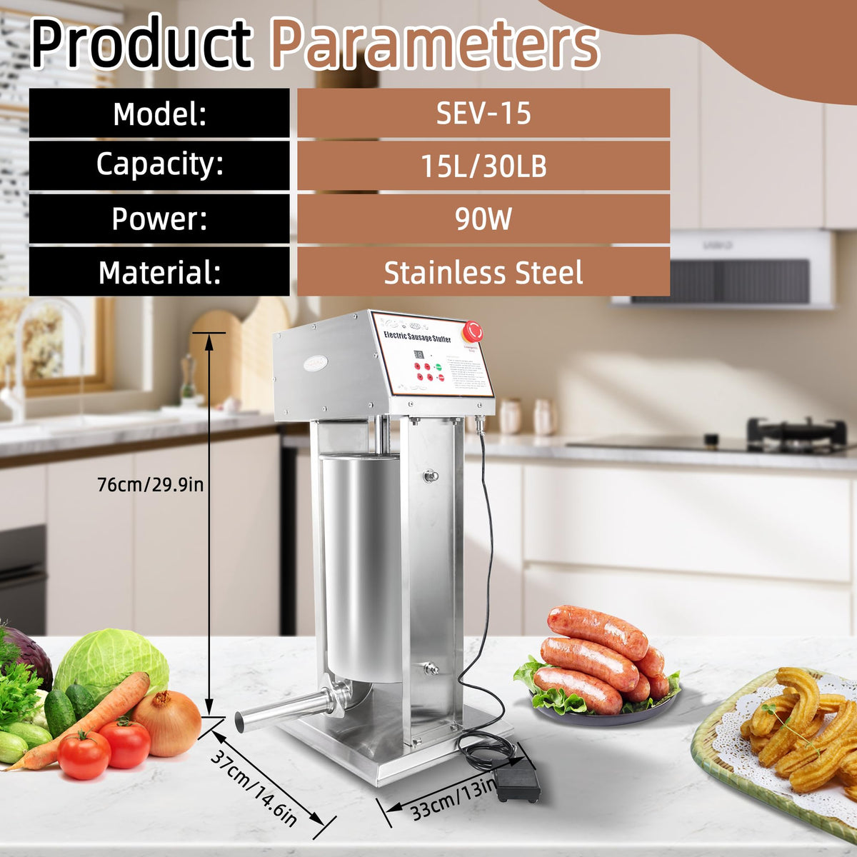 30LB Stainless Steel Electric Sausage Stuffer with 5 Stuffing Tubes D657720