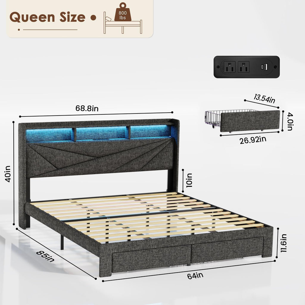 Queen Bed Frame with 2 Storage Drawers and Upholstered Headboard B90989