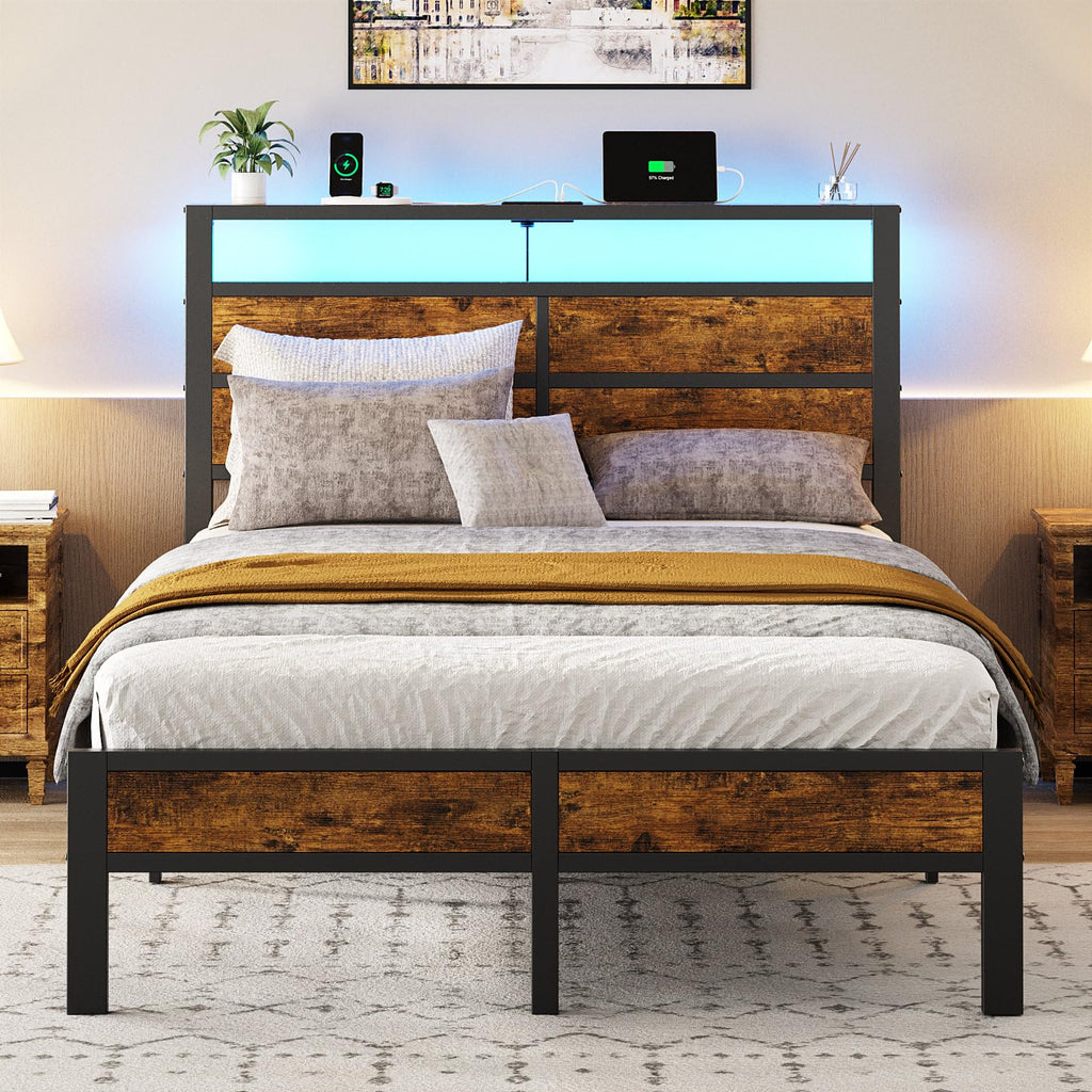 Full Size Platform Bed Frame with Charging Station Headboard and LED Lights M5716