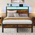 Full Size Platform Bed Frame with Charging Station Headboard and LED Lights M5716