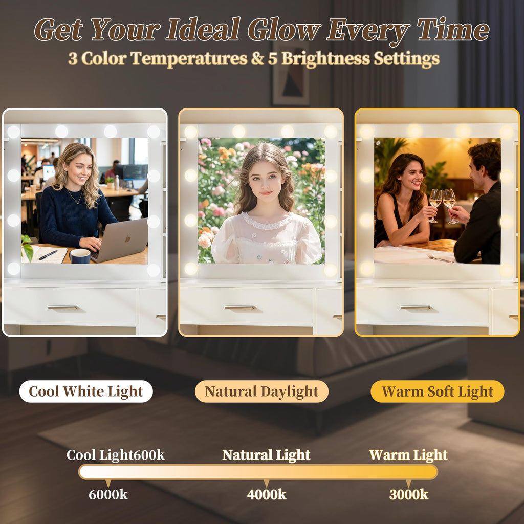 White Makeup Vanity Desk with Lights and Mirror E56794