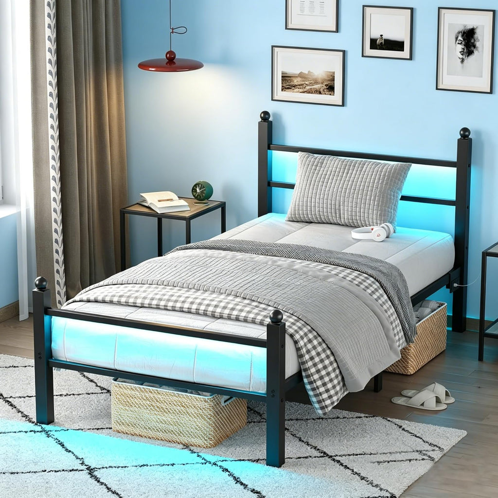 Black Twin Bed Frame with LED Lights and Charging Station J9344