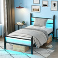 Black Twin Bed Frame with LED Lights and Charging Station J9344