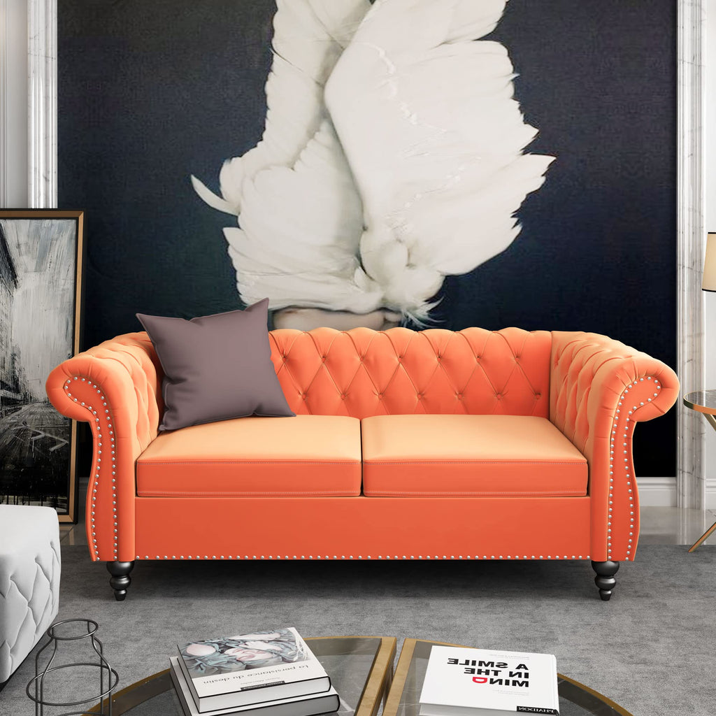 Orange Velvet Chesterfield Sofa Loveseat and Chair E3784