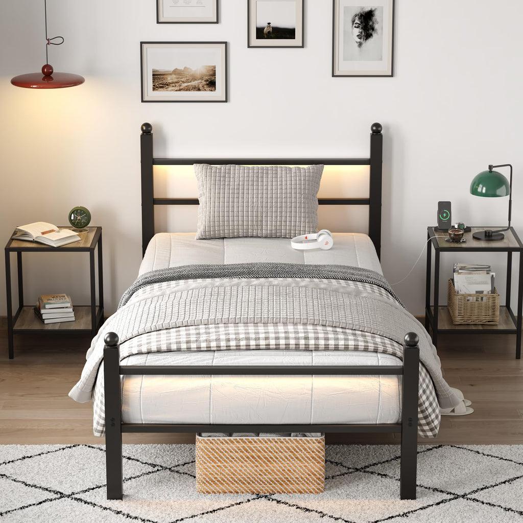 Black Twin Bed Frame with LED Lights and Charging Station J9344