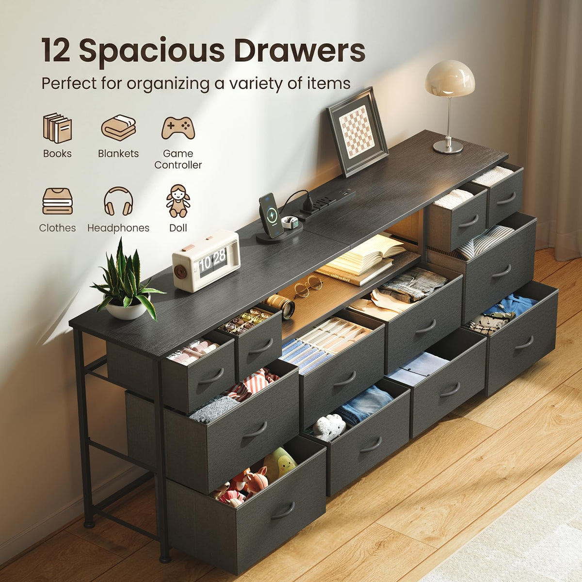 63 Inch 12 Drawer Black Dresser T154586
