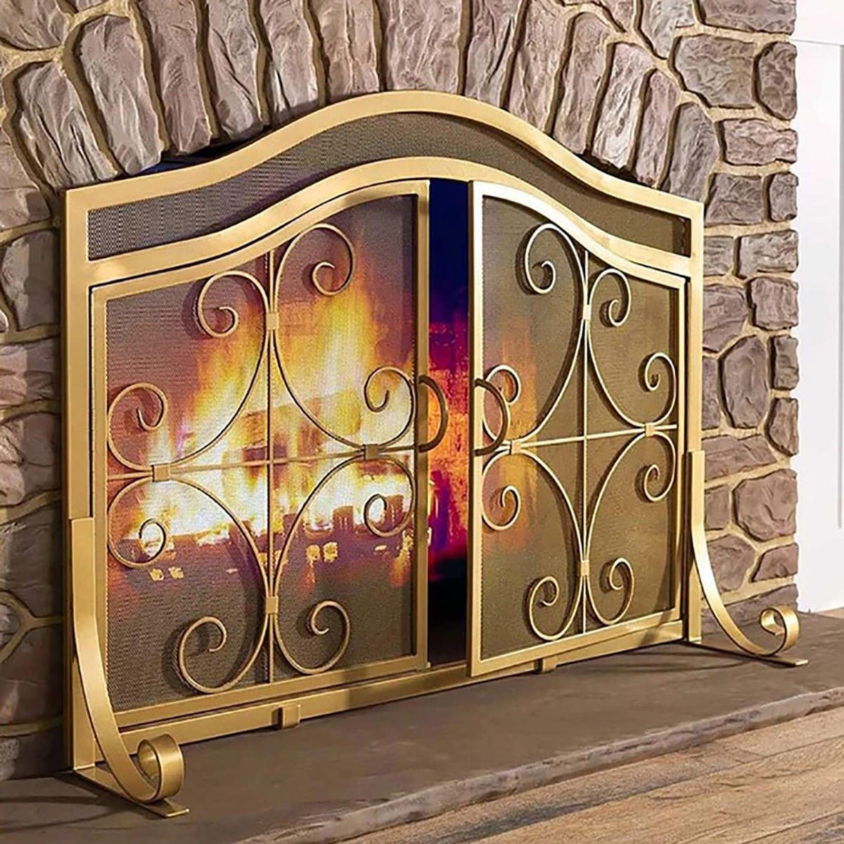 Gold Scroll Metal Fireplace Screen with 2 Doors T4172