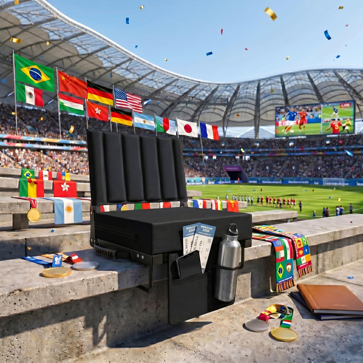 Black Padded Portable Folding Stadium Seat with Back Support and Cup Holder U101669